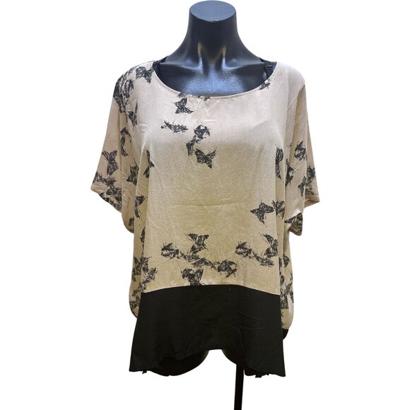 Johnny Was Biya Silk Tan/Black Butterfly Print Blouse w/ Short Sleeves Size S - Picture 1 of 8